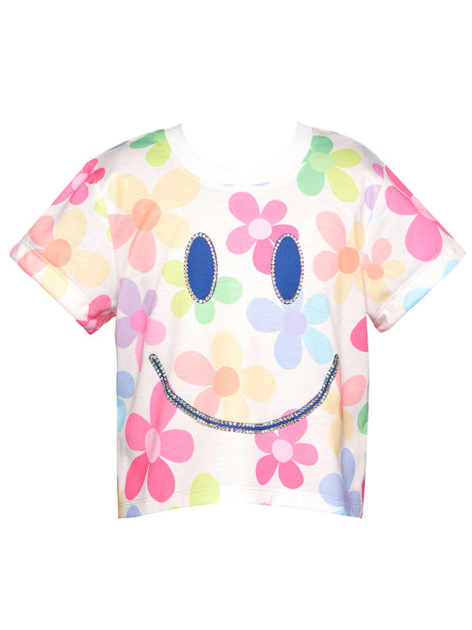 SMILEY PRINT SHORT SLEEVE SWEATSHIRT