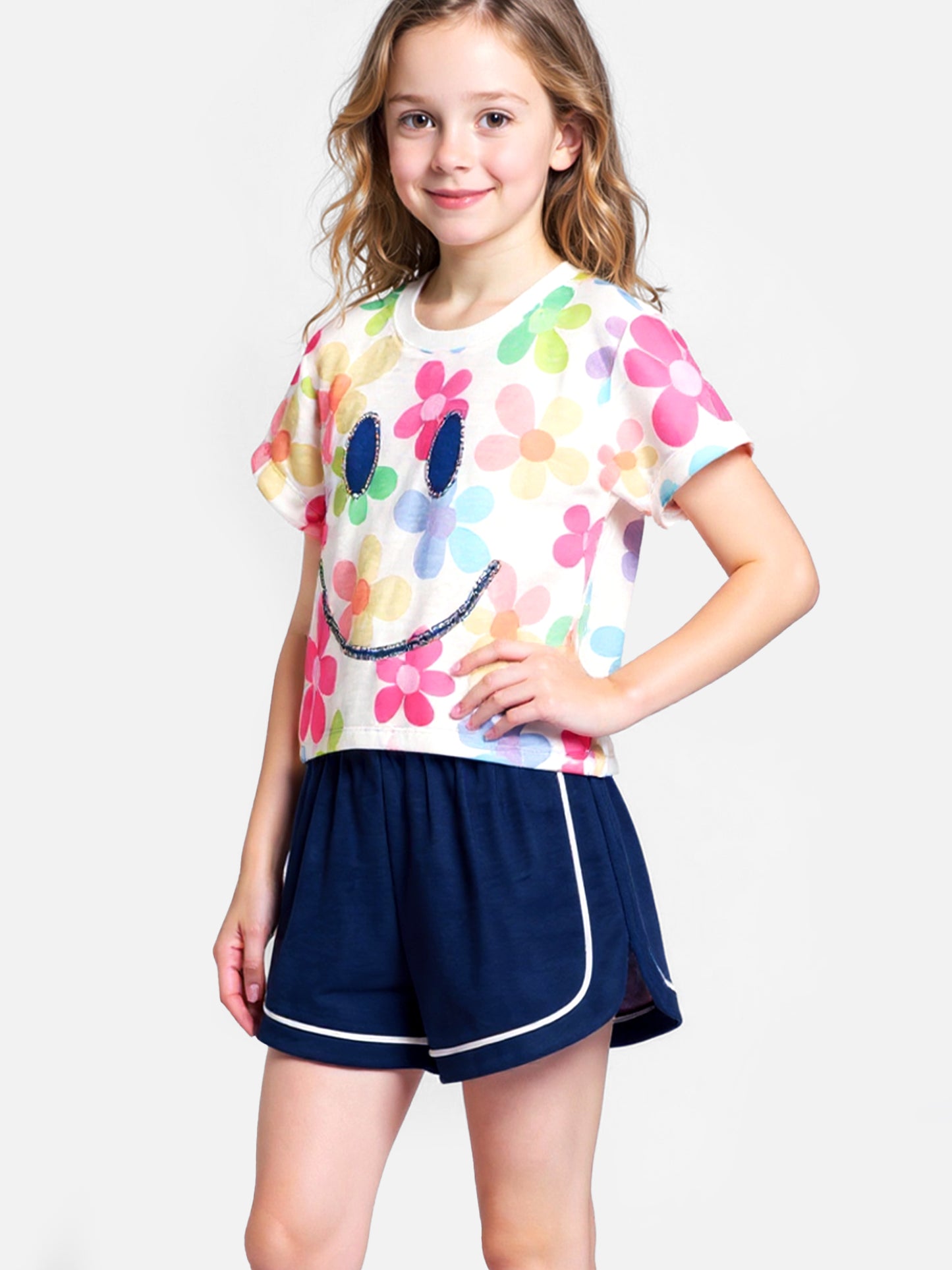 SMILEY PRINT SHORT SLEEVE SWEATSHIRT