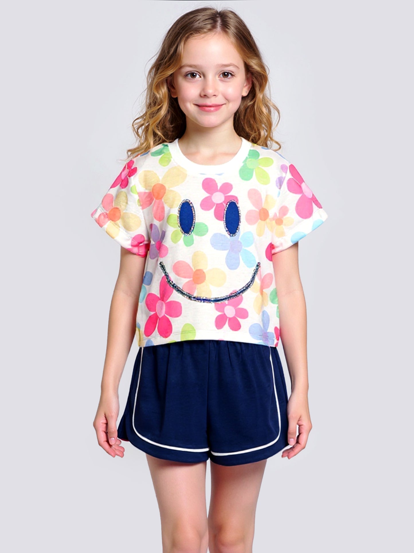 SMILEY PRINT SHORT SLEEVE SWEATSHIRT