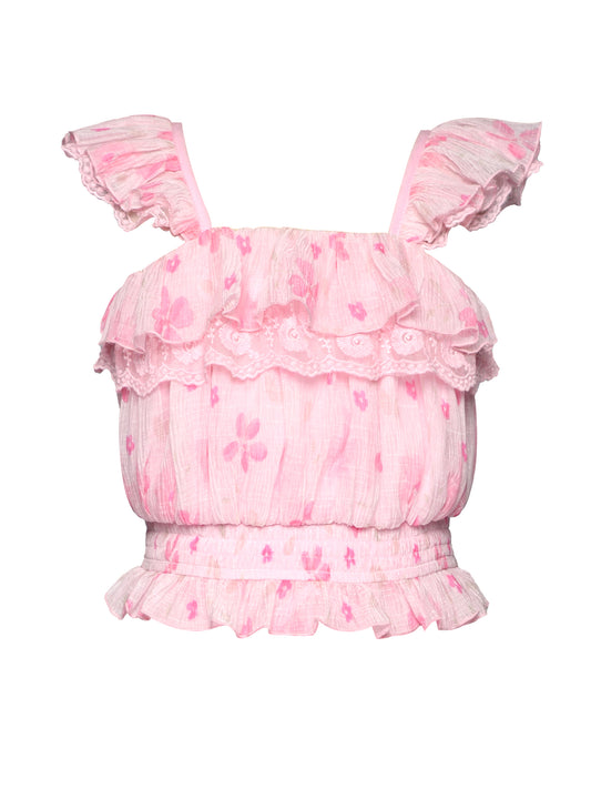 RUFFLE TRIMMED TOP WITH LACE DETAIL
