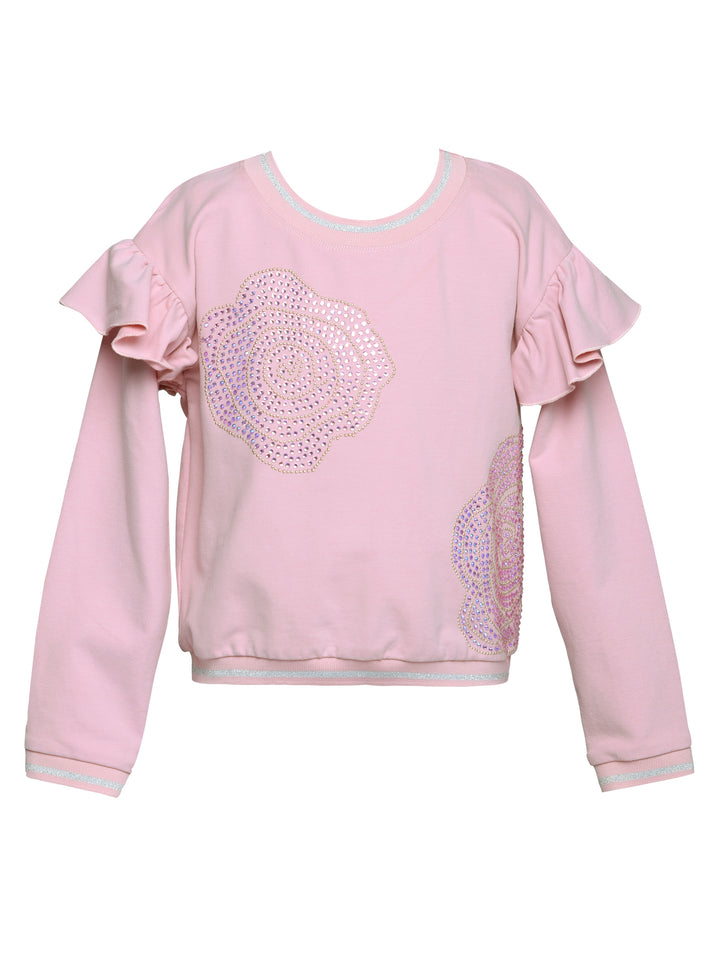 RHINESTONE ROSE SWEATSHIRT W/ SHOULDER RUFFLE