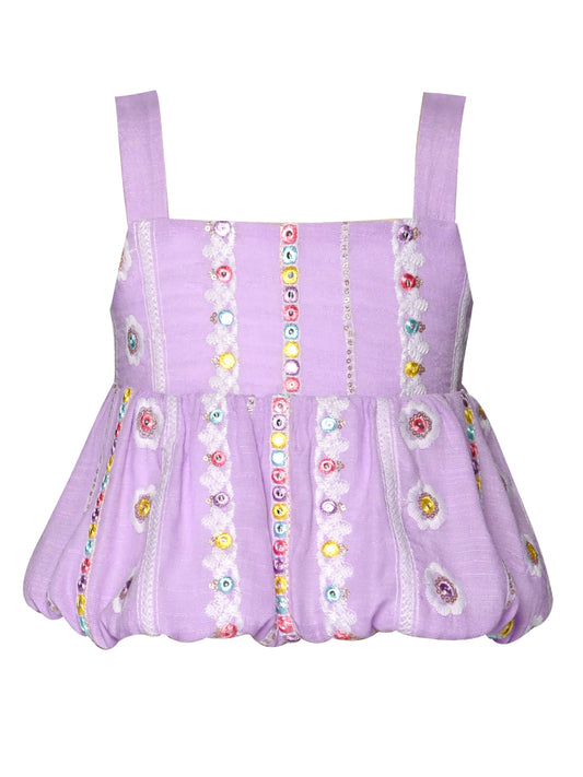 BUBBLE HEM TANK TOP WITH EMBROIDERY-MIRROR DETAIL