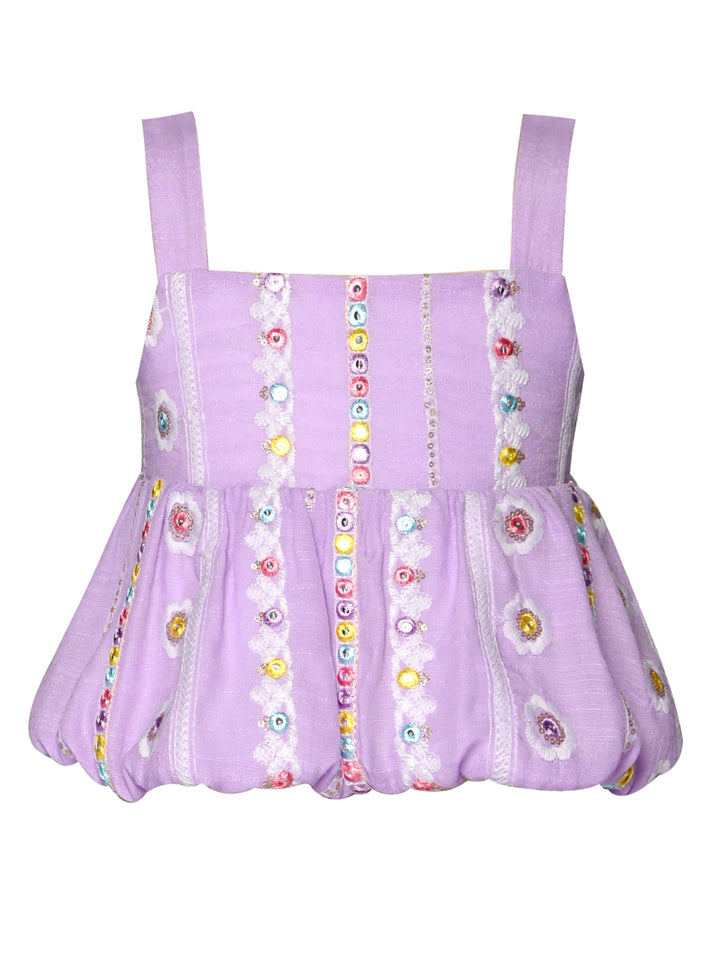 BUBBLE HEM TANK TOP WITH EMBROIDERY-MIRROR DETAIL