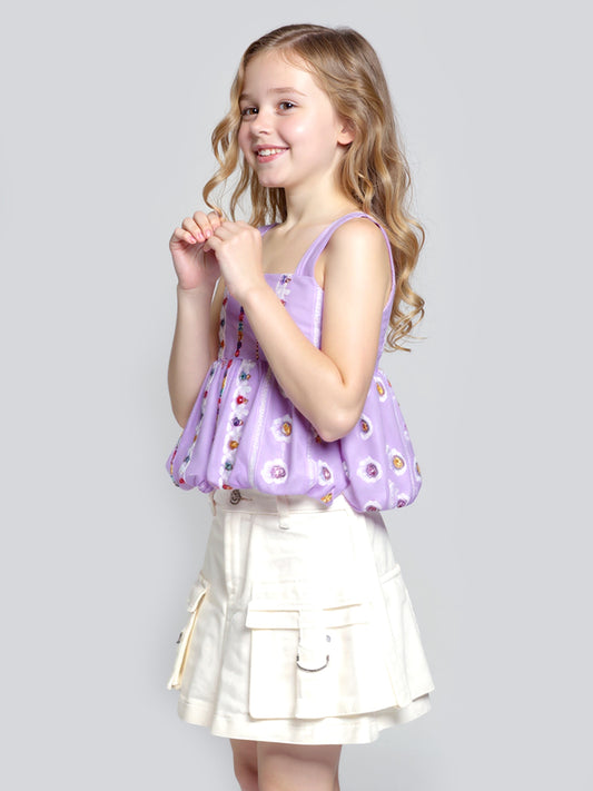 BUBBLE HEM TANK TOP WITH EMBROIDERY-MIRROR DETAIL