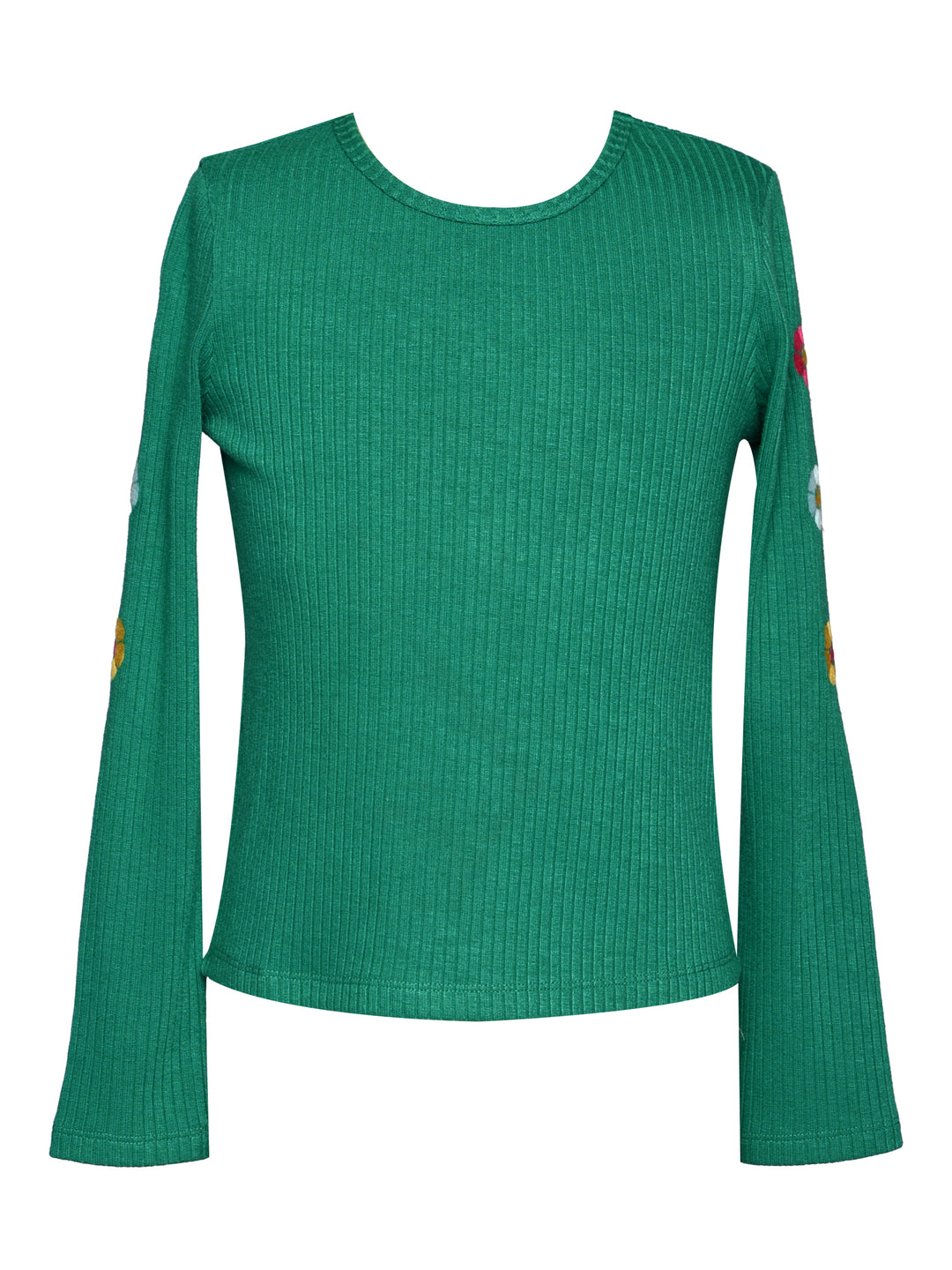 LONG SLEEVE RIB TOP WITH FLORAL EMBROIDERY