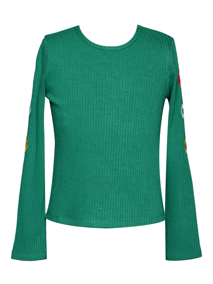 LONG SLEEVE RIB TOP WITH FLORAL EMBROIDERY