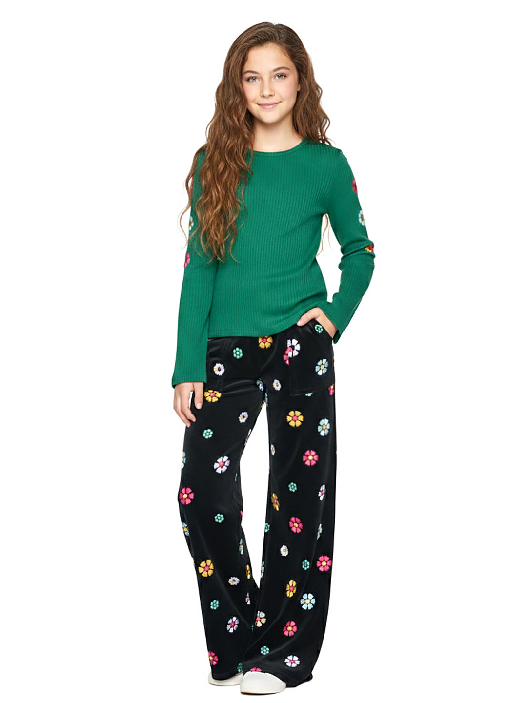 LONG SLEEVE RIB TOP WITH FLORAL EMBROIDERY