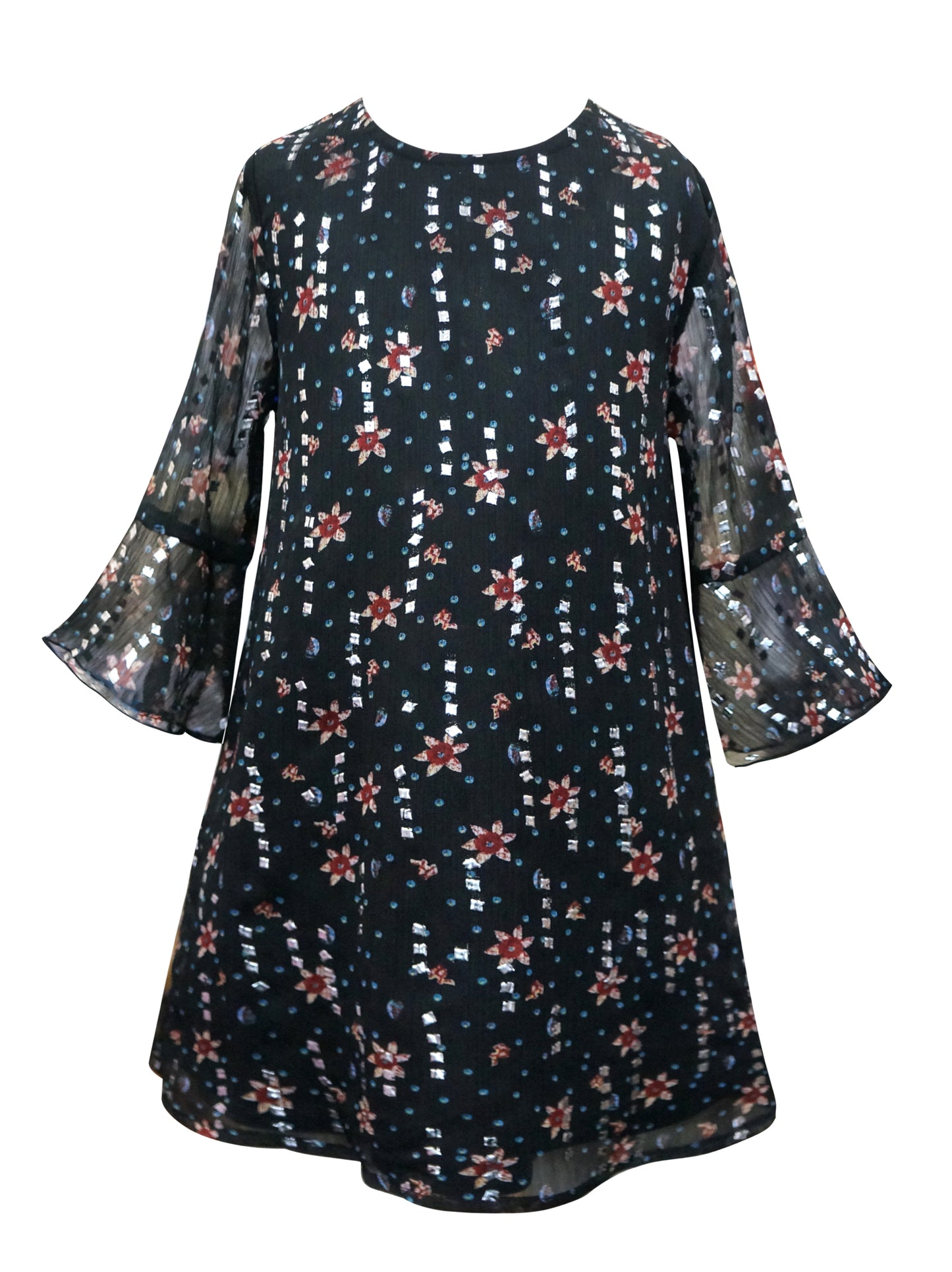 Girls Elbow Sleeve Floral Print Collar Dress