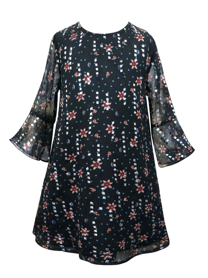 Girls Elbow Sleeve Floral Print Collar Dress