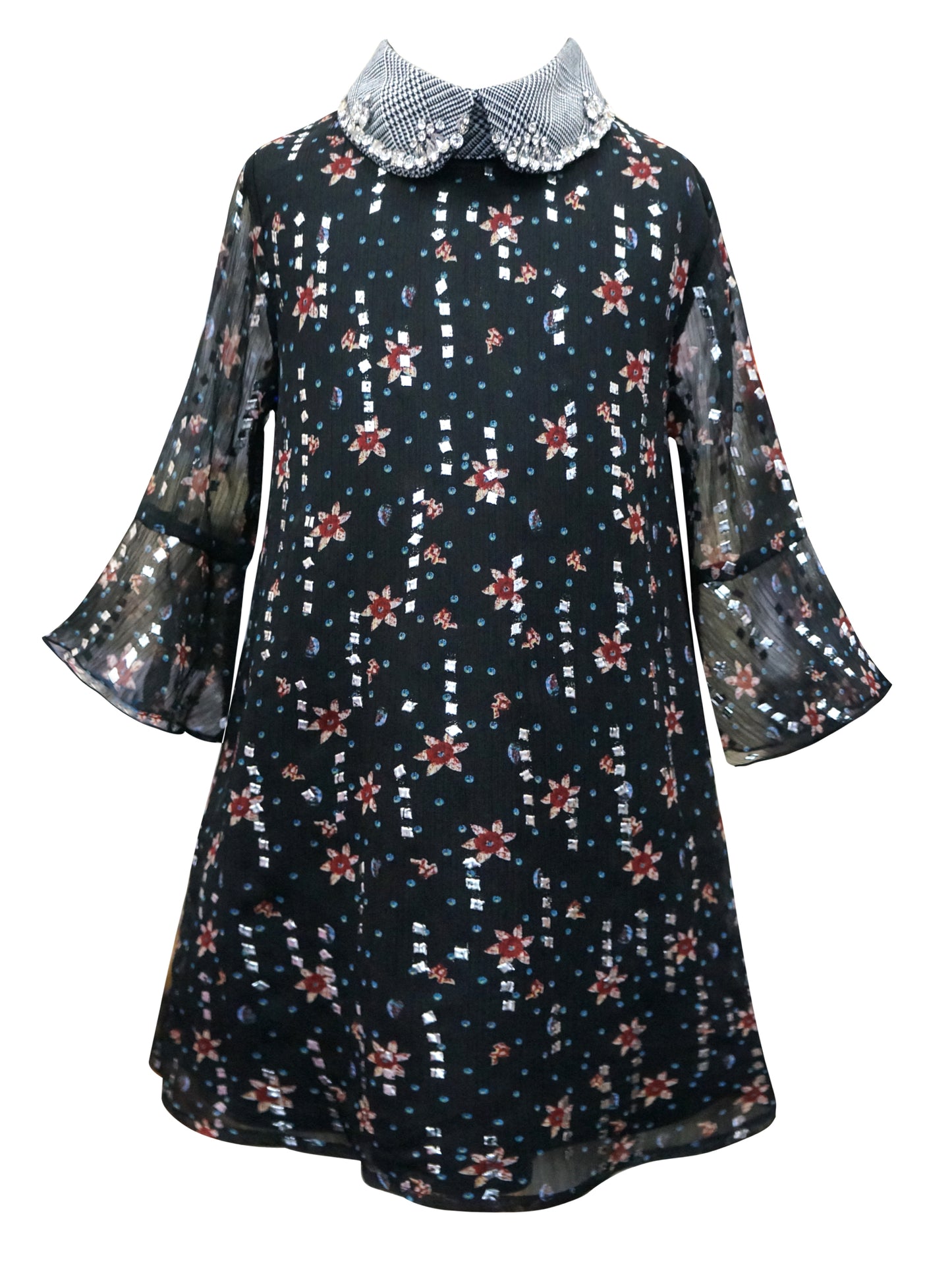 Girls Elbow Sleeve Floral Print Collar Dress