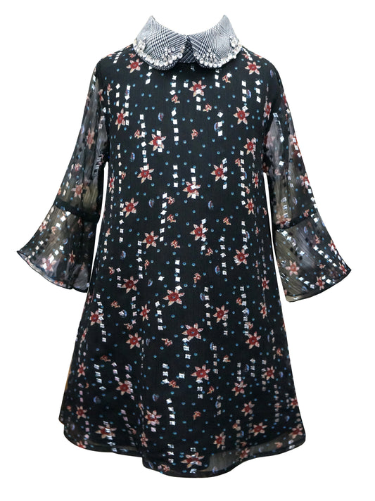 Girls Elbow Sleeve Floral Print Collar Dress