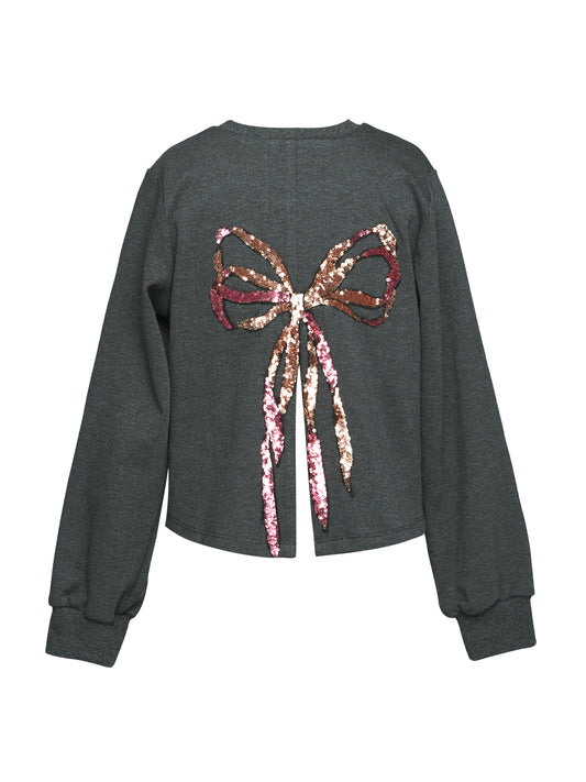 SEQUIN BOW SWEATSHIRT W/ BACK SLIT