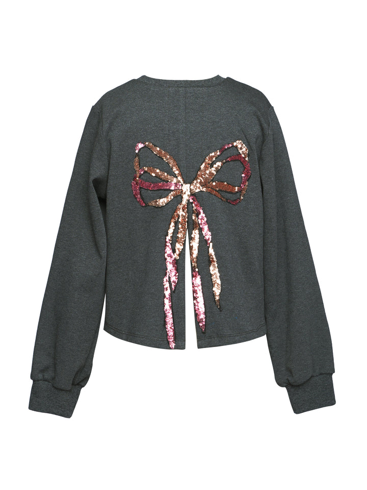 SEQUIN BOW SWEATSHIRT W/ BACK SLIT