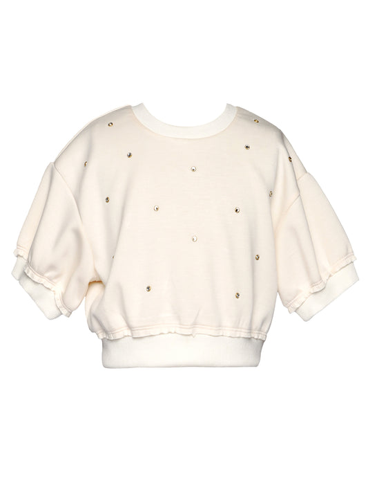 RHINESTONE EMBELLISHED SCUBA S/S SWEATSHIRT