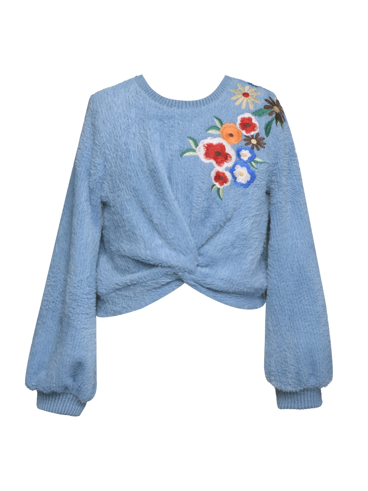 TWIST FRONT FUZZY SWEATSHIRT WITH EMBROIDERY
