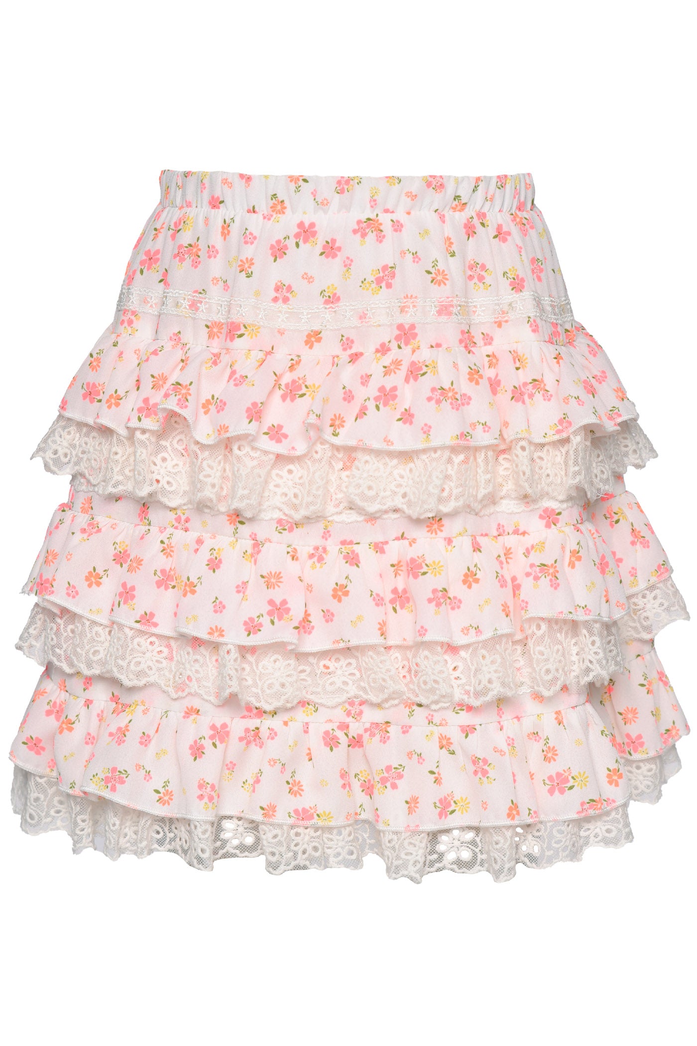 PRINTED TIERED SKIRT WITH LACE TRIM