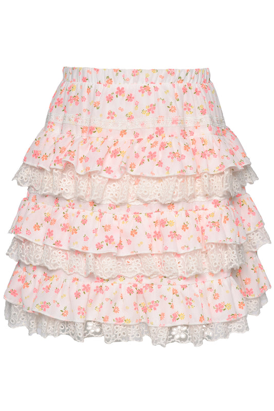 PRINTED TIERED SKIRT WITH LACE TRIM