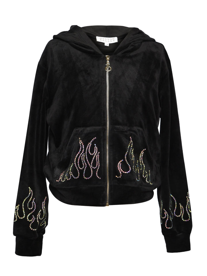 ZIP VELOUR HOODIE WITH RHINESTONE FLAMES