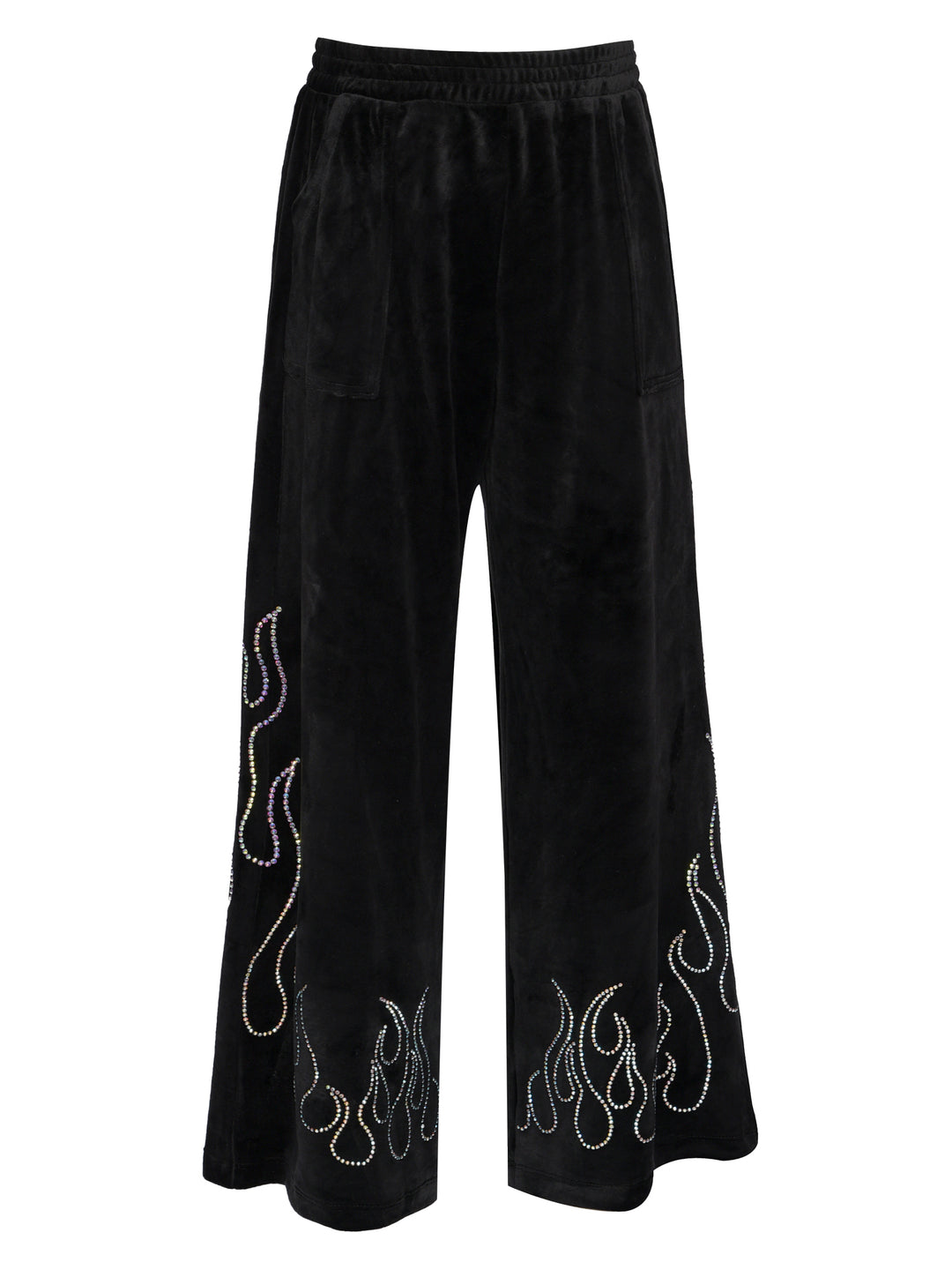 WIDE LEG VELOUR PANTS WITH RHINESTONE FLAMES