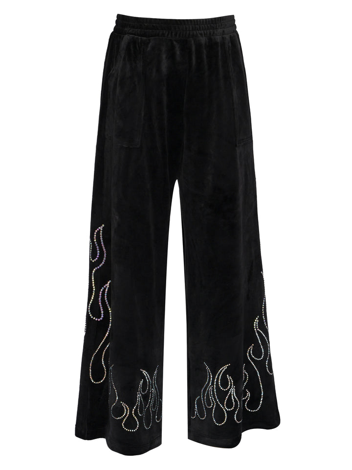 WIDE LEG VELOUR PANTS WITH RHINESTONE FLAMES