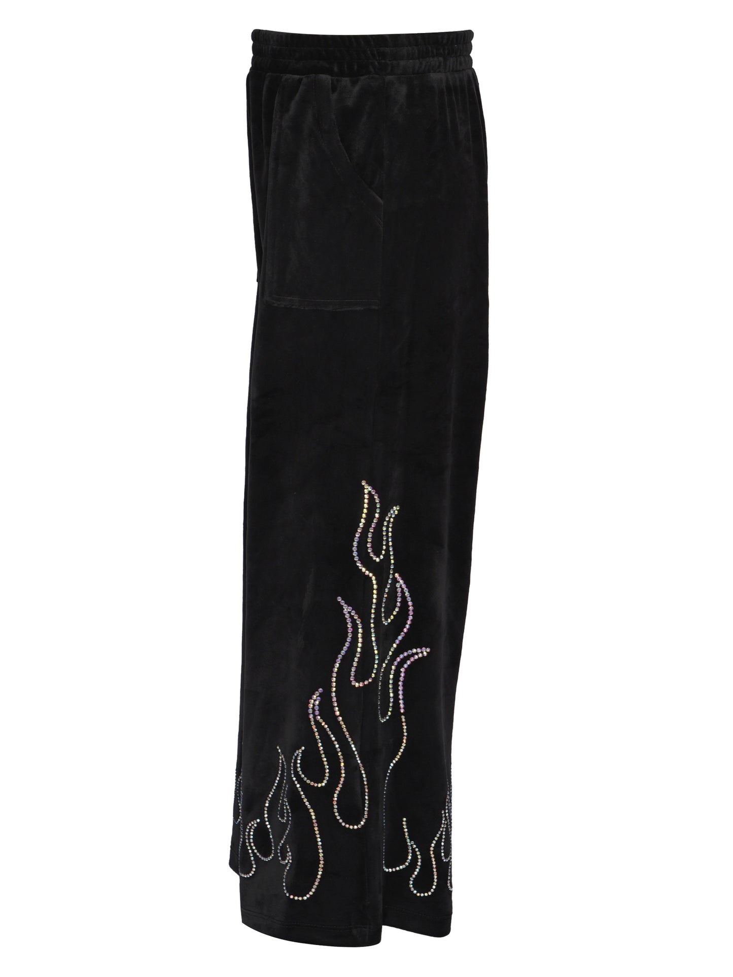 WIDE LEG VELOUR PANTS WITH RHINESTONE FLAMES