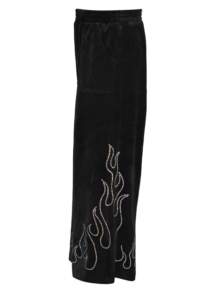 WIDE LEG VELOUR PANTS WITH RHINESTONE FLAMES