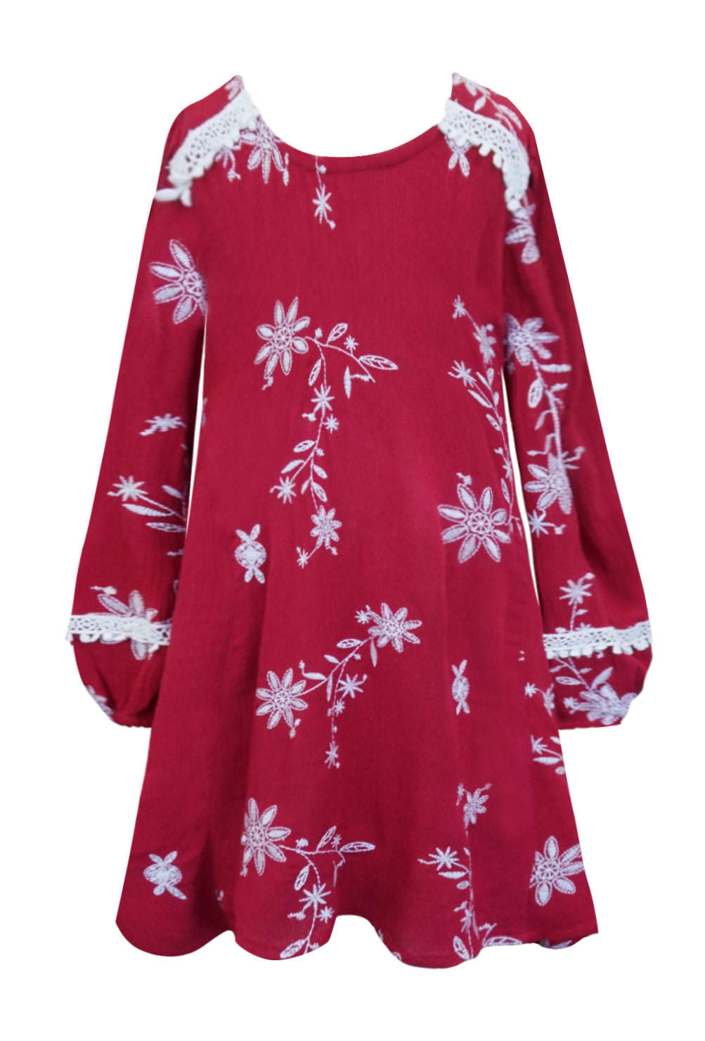 Big Girls Long Sleeve Embroidered Boho Dress