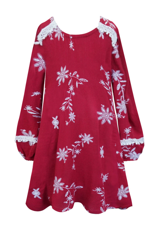Big Girls Long Sleeve Embroidered Boho Dress