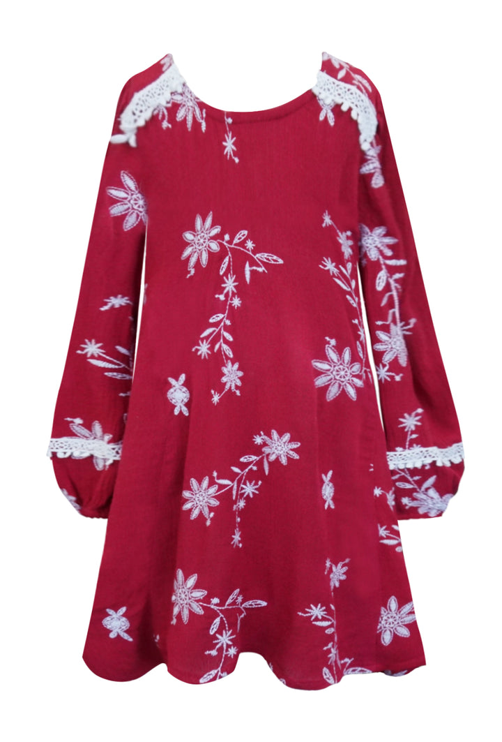 Big Girls Long Sleeve Embroidered Boho Dress