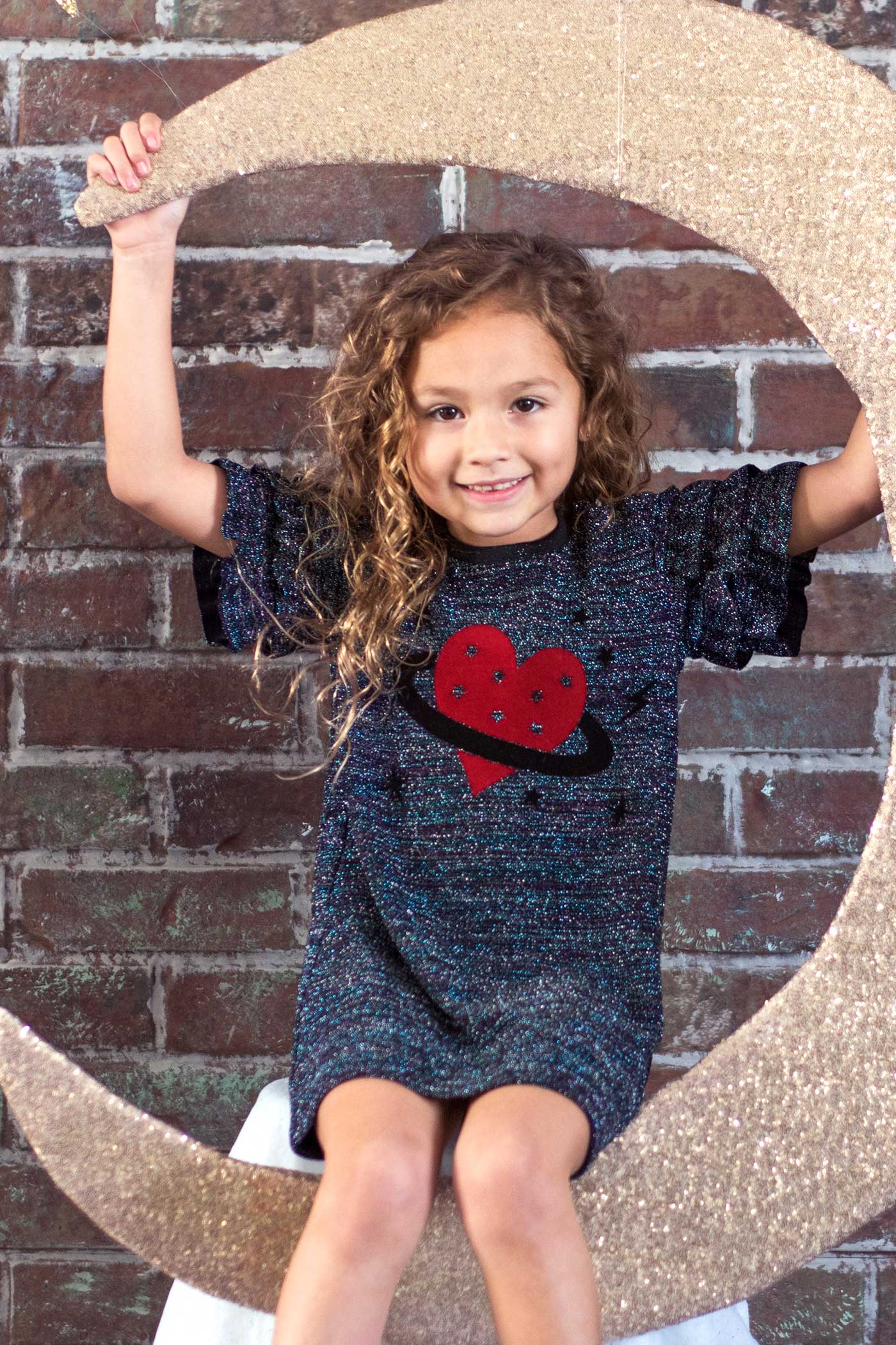 HEART PLANET FLOCKING KNIT DRESS W/ RUFFLE TIERED SLEEVES