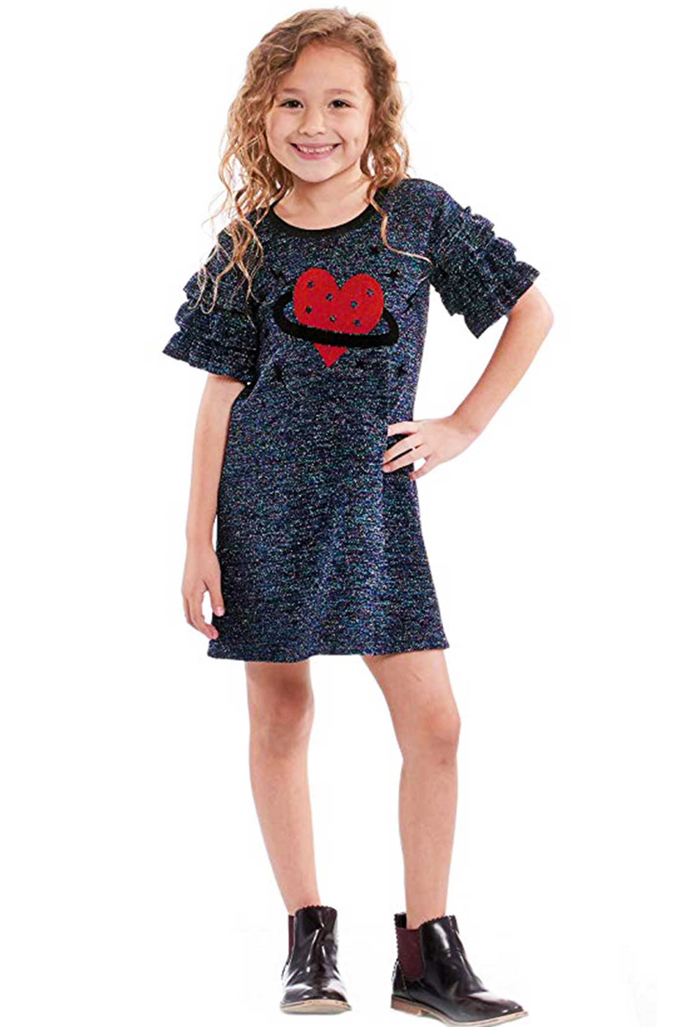 HEART PLANET FLOCKING KNIT DRESS W/ RUFFLE TIERED SLEEVES