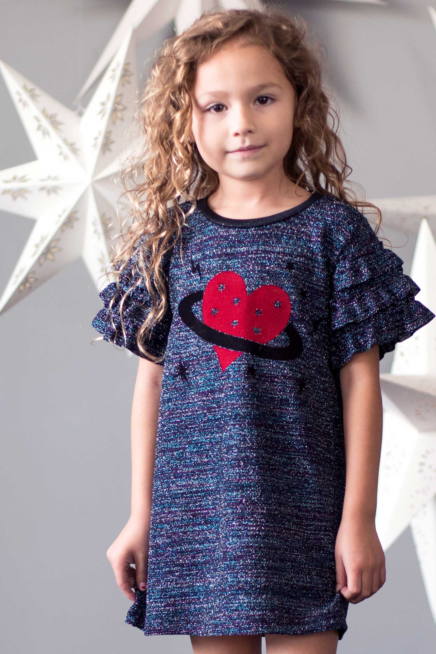 HEART PLANET FLOCKING KNIT DRESS W/ RUFFLE TIERED SLEEVES