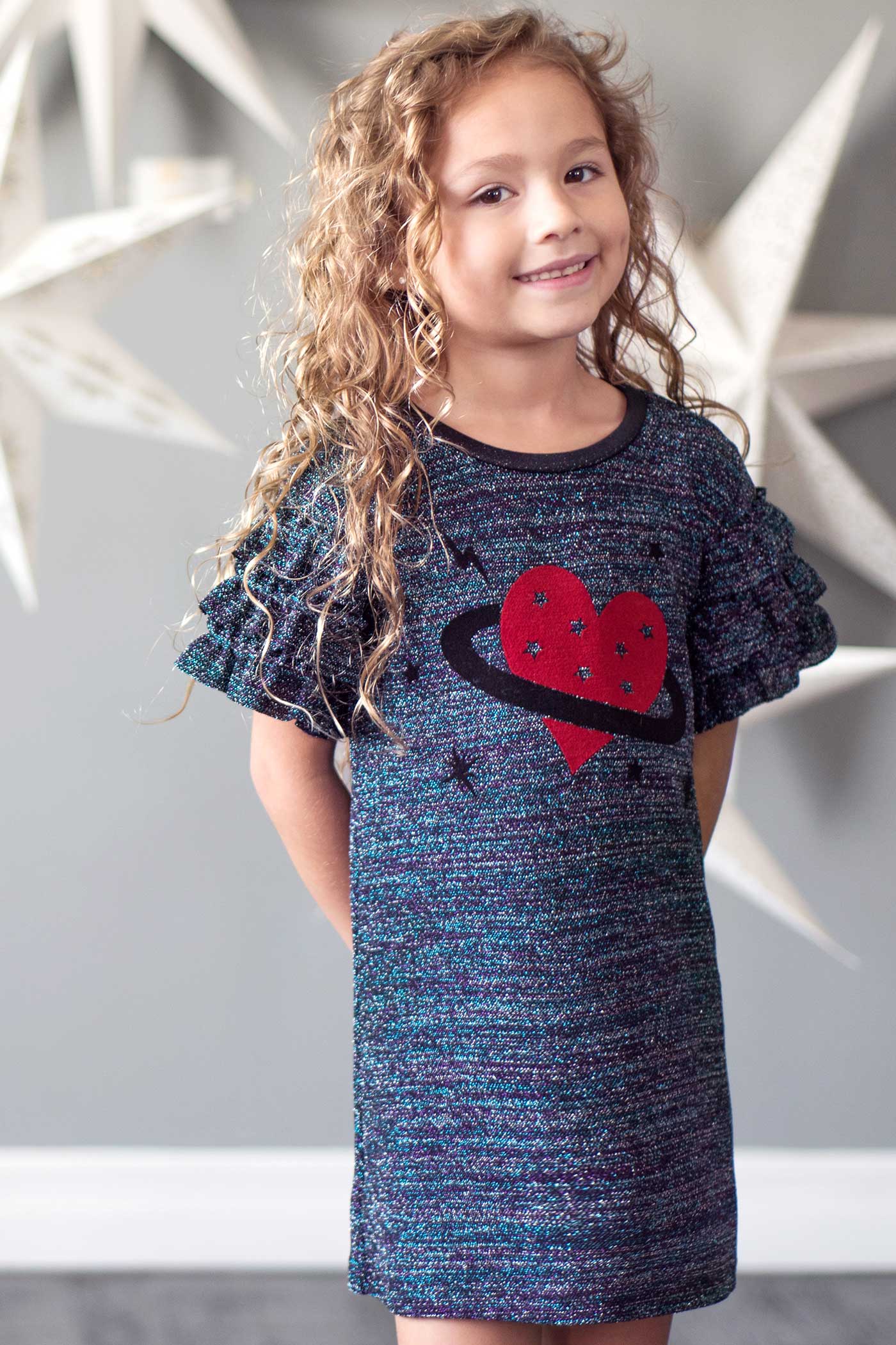 HEART PLANET FLOCKING KNIT DRESS W/ RUFFLE TIERED SLEEVES