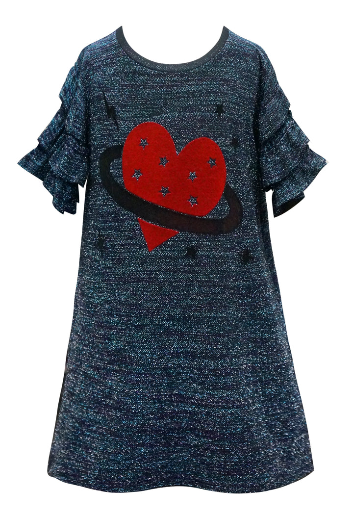 HEART PLANET FLOCKING KNIT DRESS W/ RUFFLE TIERED SLEEVES