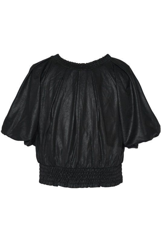 PLEATED TOP WITH BUBBLE SLEEVES AND ELASTIC WAIST (FAUX LEATHER)
