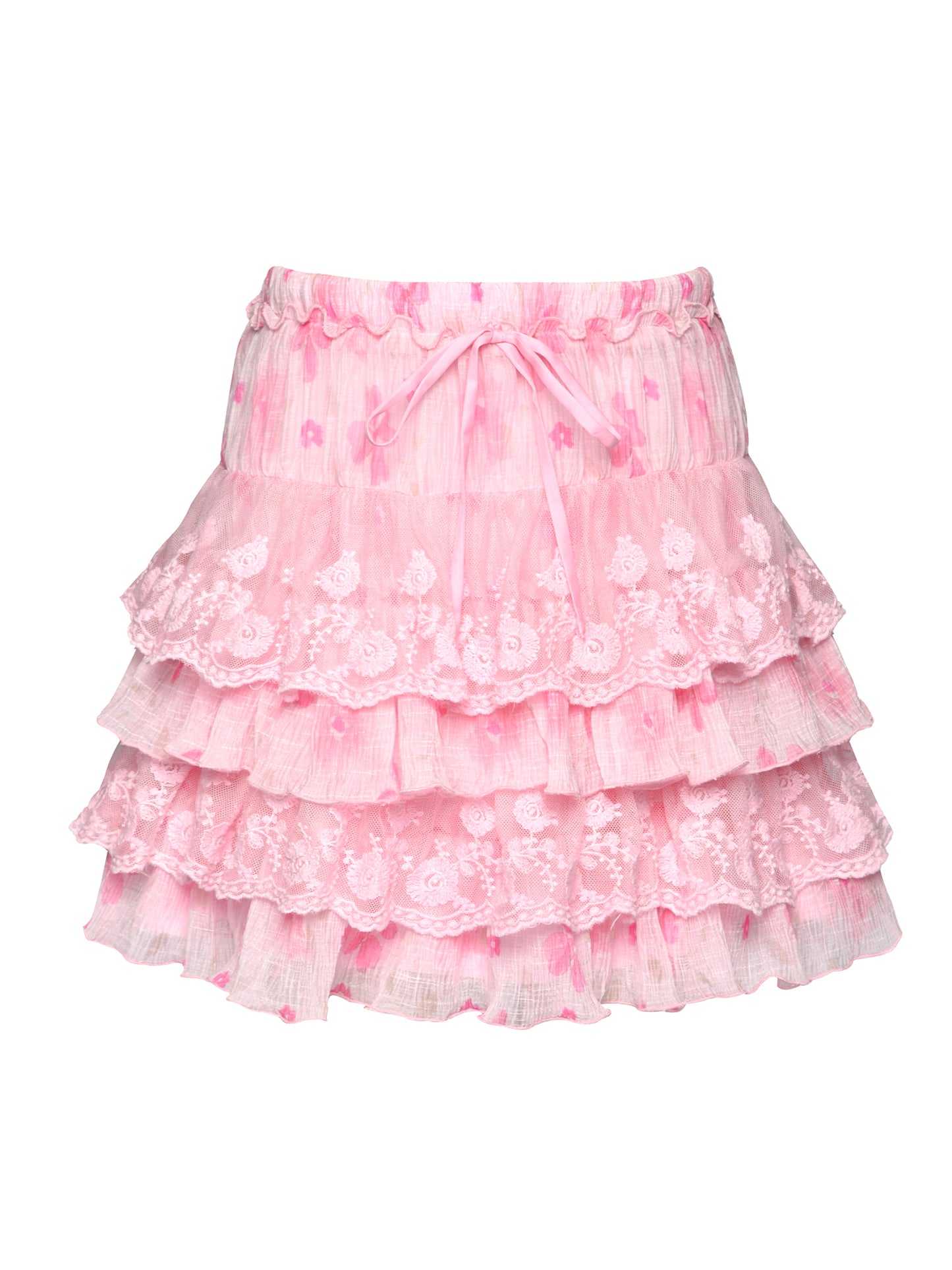 TIERED PRINT SKIRT WITH LACE DETAIL