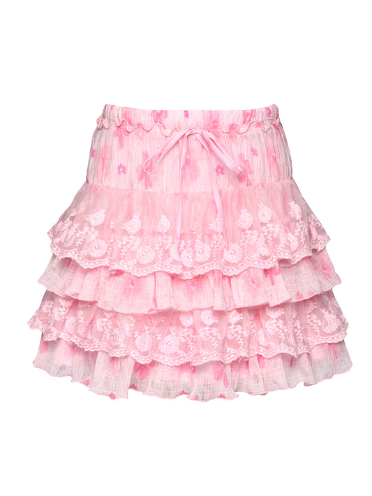 TIERED PRINT SKIRT WITH LACE DETAIL