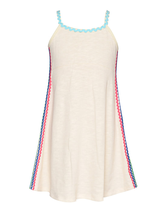 FIT AND FLARE MULTICOLOR RICK RACK FRENCH TERRY DRESS