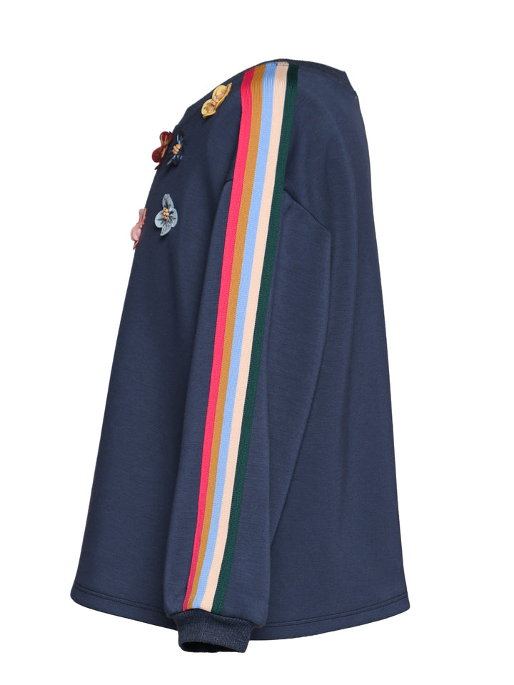 SCUBA LONG SLEEVE PULLOVER WITH FLOWER & TAPE TRIM