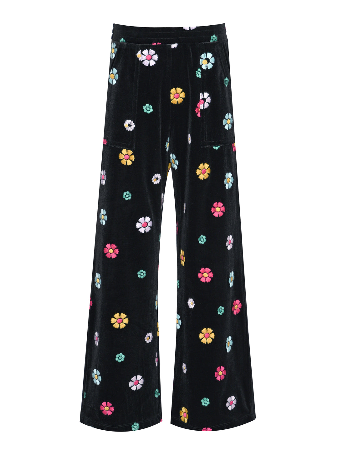 FLORAL EMBROIDERED WIDE LEG VELOUR PANTS