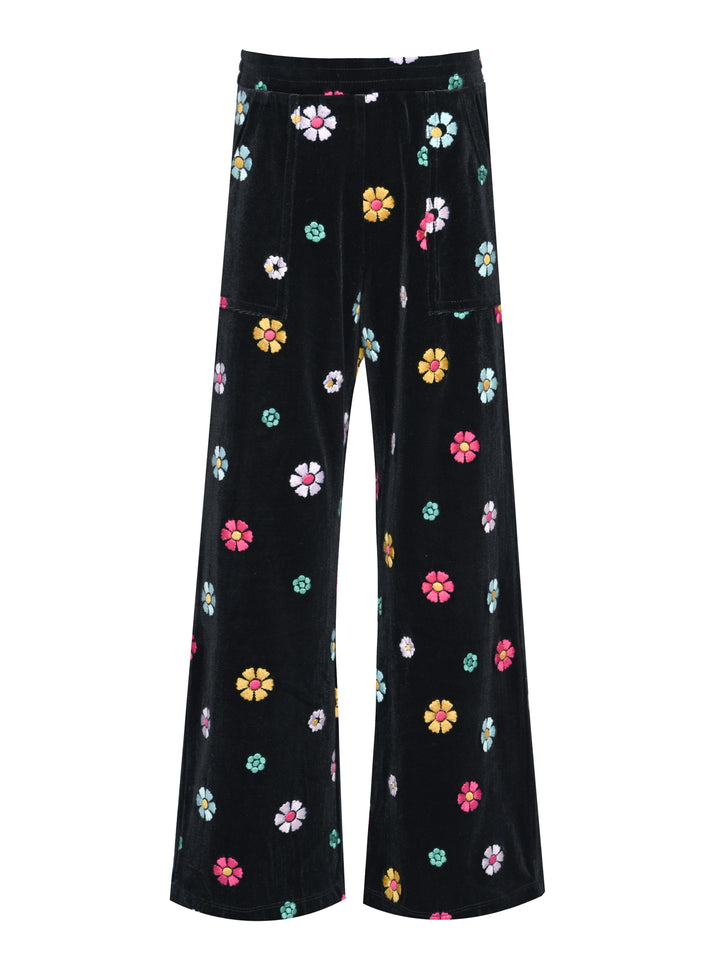 FLORAL EMBROIDERED WIDE LEG VELOUR PANTS