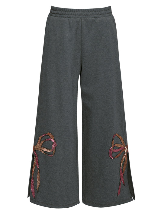 SEQUIN BOW KNIT PANTS W/SIDE LEG SLITS