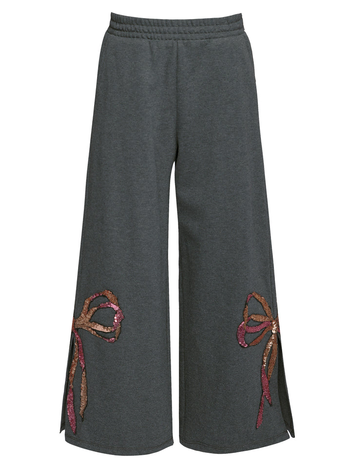 SEQUIN BOW KNIT PANTS W/SIDE LEG SLITS