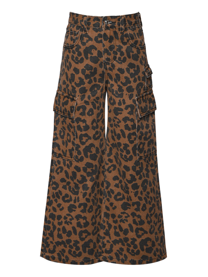 WIDE LEG LEOPARD PRINT JEANS WITH CARGO POCKETS