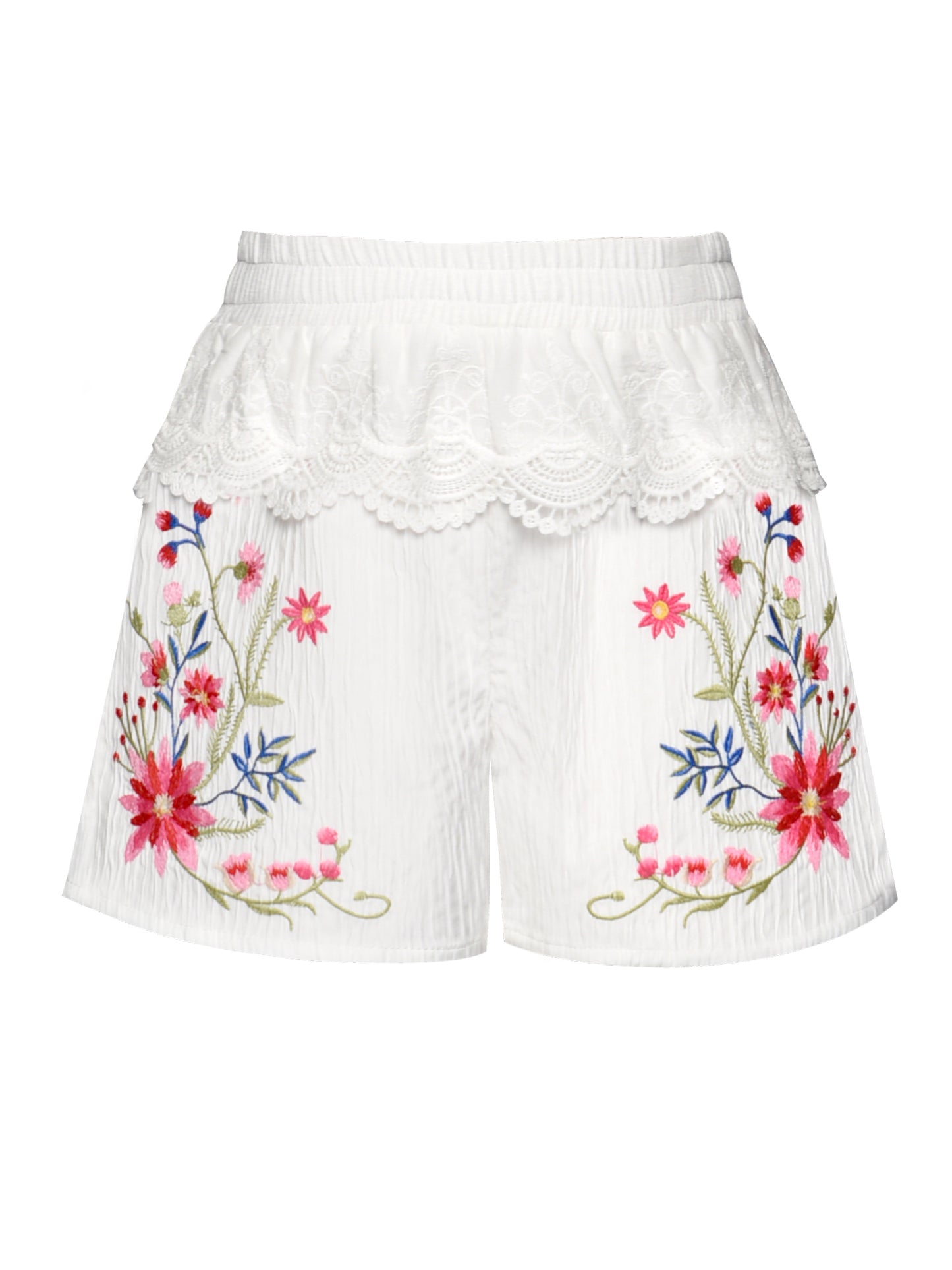EMBROIDERED FLORAL SHORTS W/ LACE TRIM