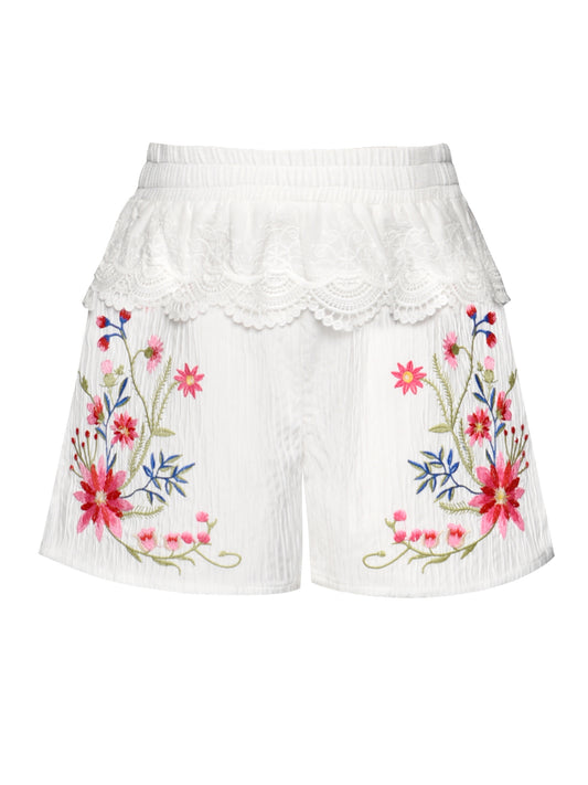 EMBROIDERED FLORAL SHORTS W/ LACE TRIM