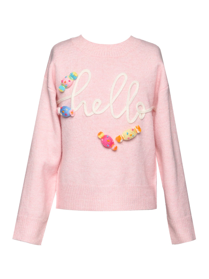 HELLO KNIT SWEATER WITH 3-D CANDY