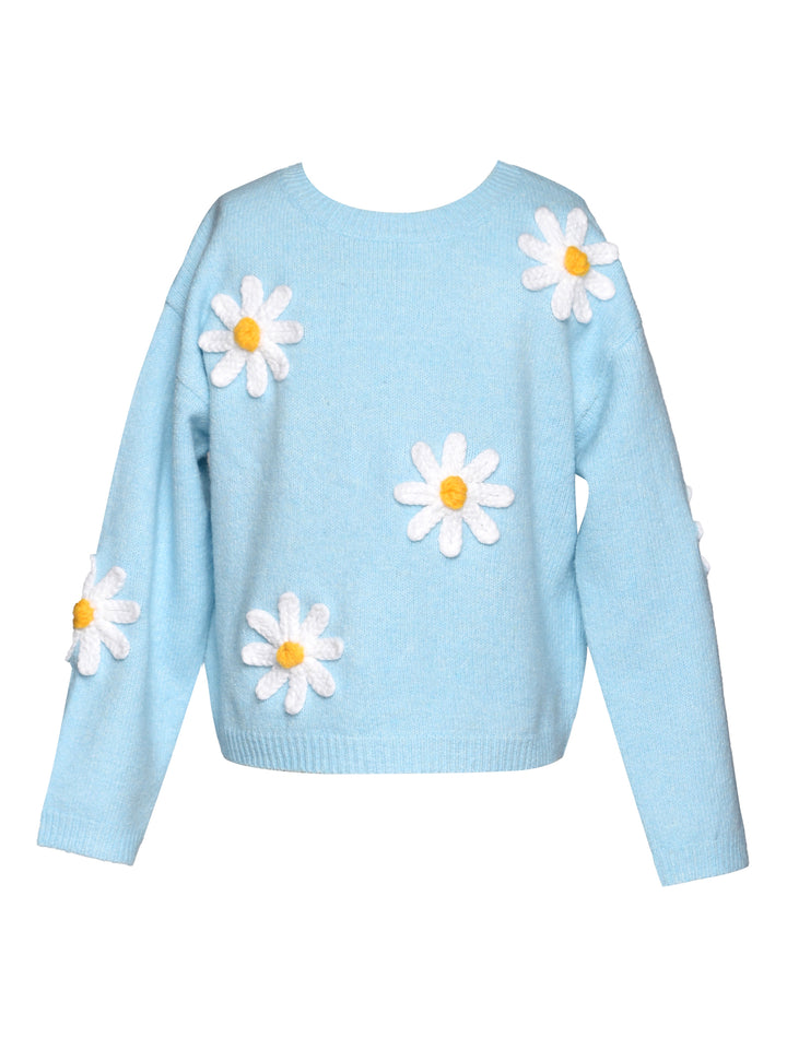 KNIT SWEATER WITH CROCHET DAISY TRIM