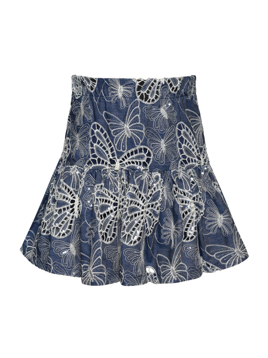BUTTERFLY EMBROIDERED CHAMBRAY SKIRT
