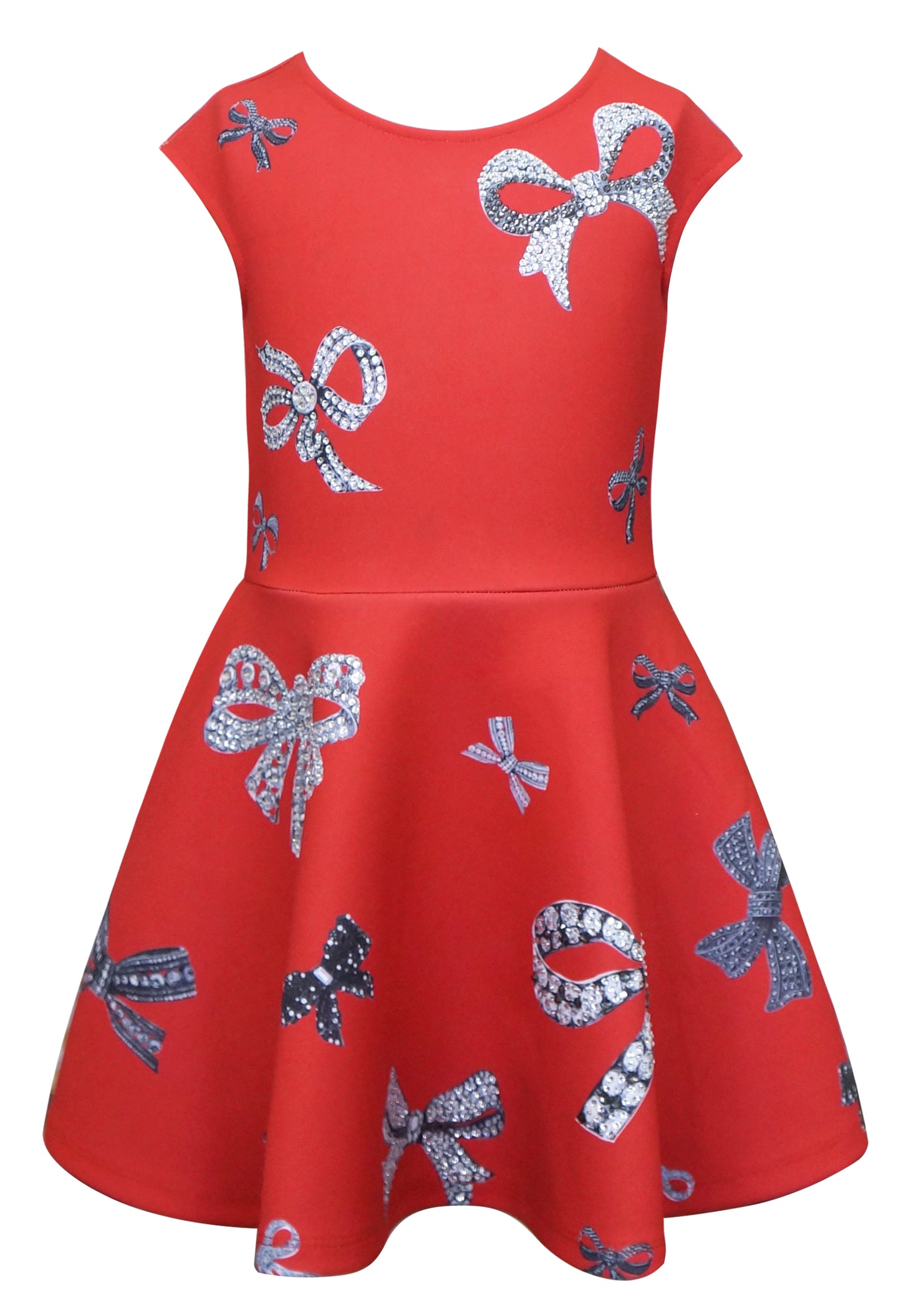 Girls Jewel Bow Print Fit and Flare Skater Dress